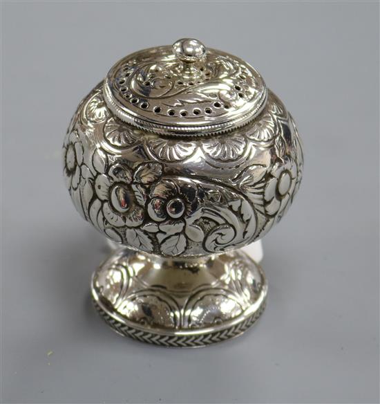 A George III embossed silver pounce pot, of spherical pedestal form on circular foot, W 2.5oz; H 7.5cm